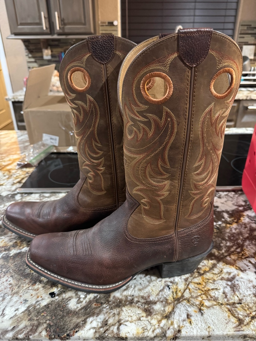 Ariat Brown Leather Western Pull-On Boots with Tan Stitching